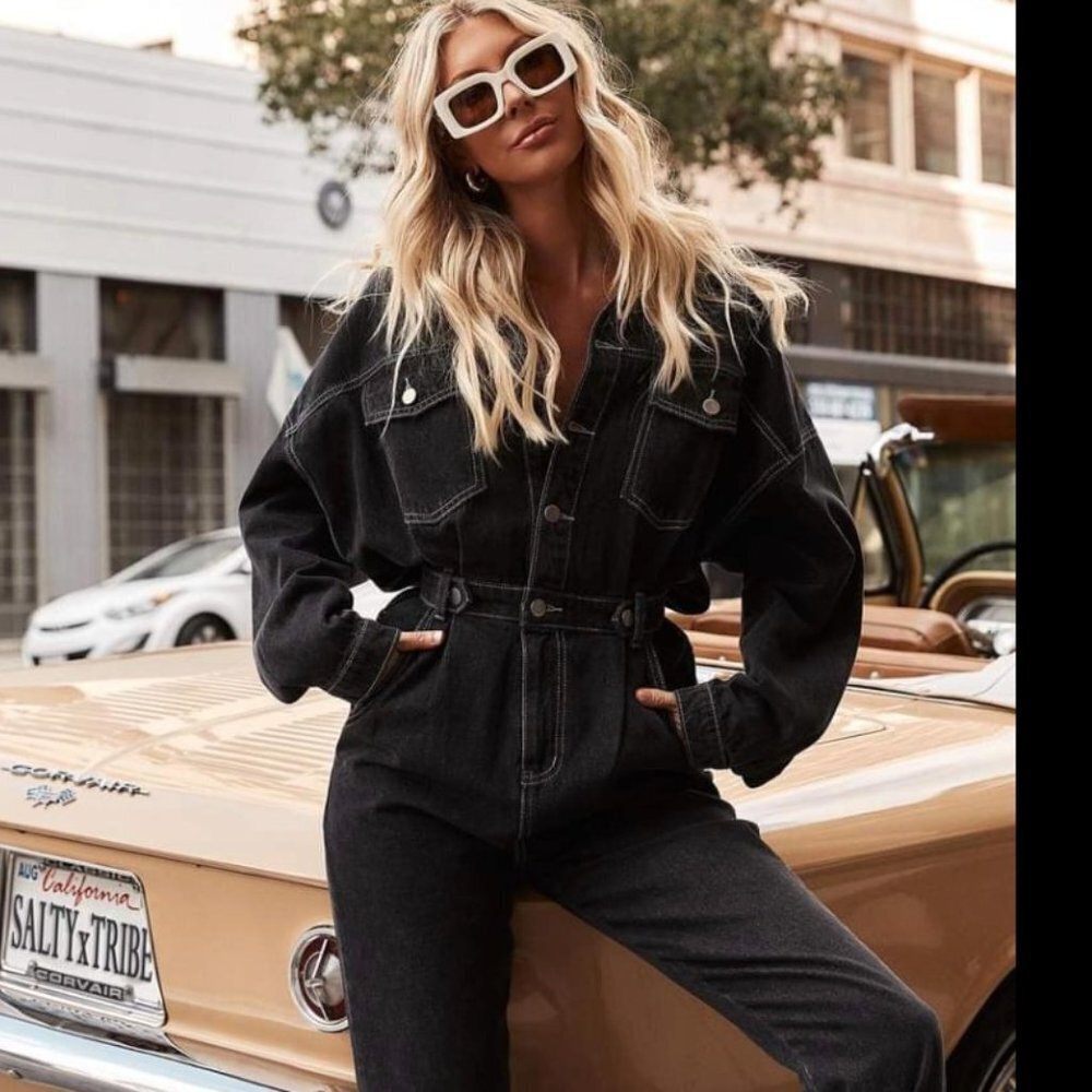 12th Tribe x Salty Blonde Hendrix Denim Jumpsuit Washed Black Medium Large